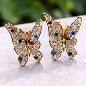 Vtg Gold Tone Butterfly Rhinestone Clip On Earrings Multicolor Accent Statement